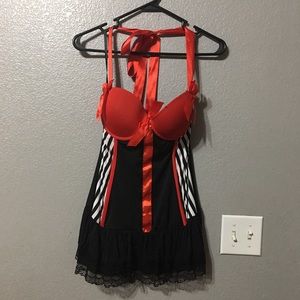 Torrid Black Red White Strip Corset